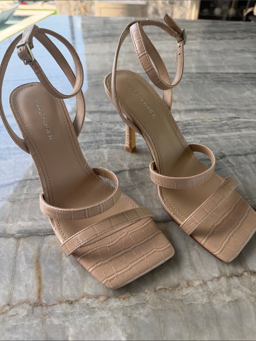 Marc Fisher Nude Croc-Embossed Strappy Stiletto Sandals